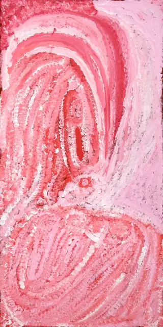 Australian Indigenous (Aboriginal and Torres Strait Islander) artwork by EUBENA NAMPITJIN of Warlayirti Artists (Balgo). The title is Kinyu. [16/10] (Acrylic on Linen)