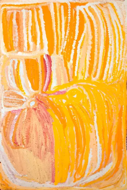 Australian Indigenous (Aboriginal and Torres Strait Islander) artwork by EUBENA NAMPITJIN of Warlayirti Artists (Balgo). The title is Kinyu. [198/09] (Acrylic on Linen)