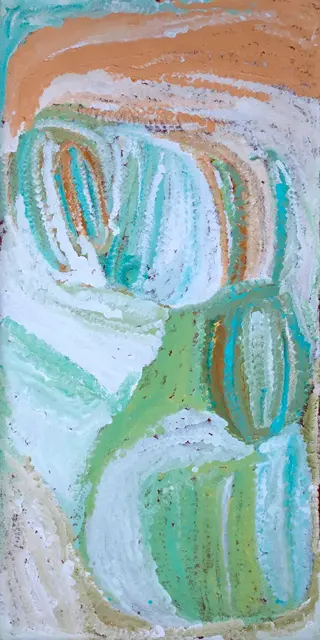 Australian Indigenous (Aboriginal and Torres Strait Islander) artwork by EUBENA NAMPITJIN of Warlayirti Artists (Balgo). The title is Kinyu. [203/11] (Acrylic on Linen)