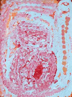 Australian Indigenous (Aboriginal and Torres Strait Islander) artwork by EUBENA NAMPITJIN of Warlayirti Artists (Balgo). The title is Kinyu. [96/11] (Acrylic on Linen)