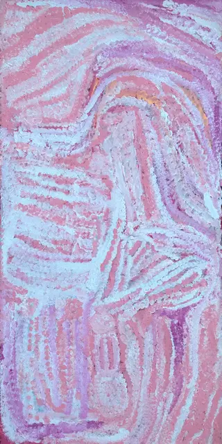 Australian Indigenous (Aboriginal and Torres Strait Islander) artwork by EUBENA NAMPITJIN of Warlayirti Artists (Balgo). The title is Kinyu. [17/10] (Acrylic on Linen)