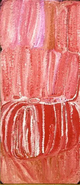 Australian Indigenous (Aboriginal and Torres Strait Islander) artwork by EUBENA NAMPITJIN of Warlayirti Artists (Balgo). The title is Kinyu. [1015/07] (Acrylic on Belgian Linen)