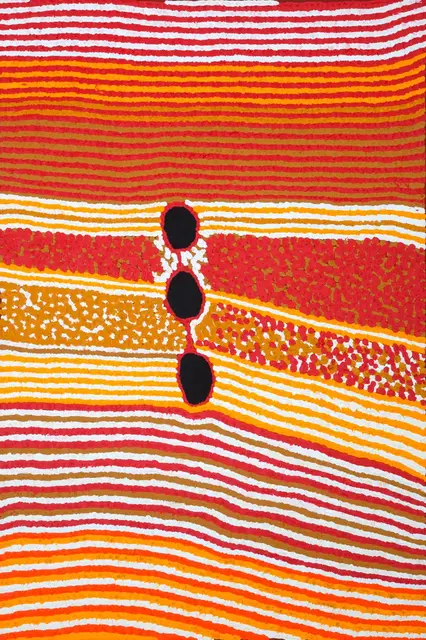 Australian Indigenous (Aboriginal and Torres Strait Islander) artwork by HELICOPTER TJUNGURRAYI of Warlayirti Artists (Balgo). The title is Karrulyar. [58/10] (Acrylic on Canvas)