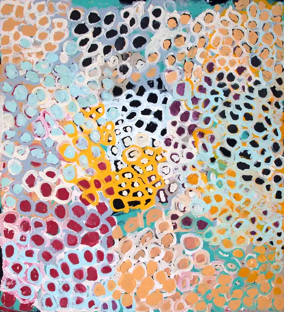 Australian Indigenous (Aboriginal and Torres Strait Islander) artwork by HARRY TJUTJUNA of Ninuku Arts. The title is Kungka Tjuta. [NKHT11488] (Acrylic on Belgian Linen)