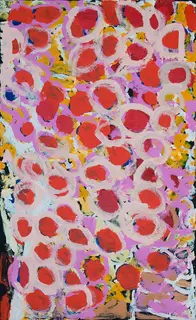 Australian Indigenous (Aboriginal and Torres Strait Islander) artwork by HARRY TJUTJUNA of Ninuku Arts. The title is Kungka Tjuta. [14-107] (Acrylic on Linen)