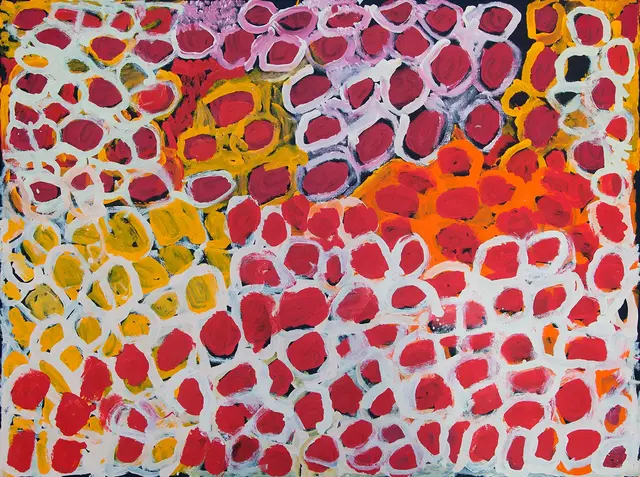 Australian Indigenous (Aboriginal and Torres Strait Islander) artwork by HARRY TJUTJUNA of Ninuku Arts. The title is Kungka Tjuta. [13121] (Acrylic on Linen)