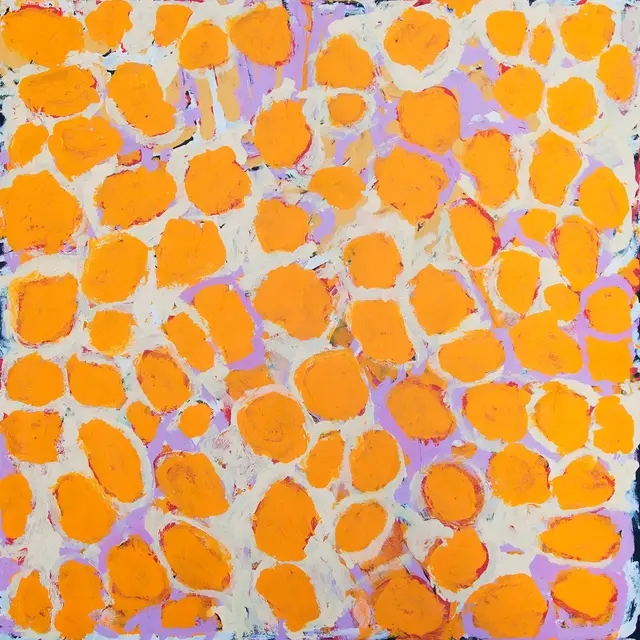 Australian Indigenous (Aboriginal and Torres Strait Islander) artwork by HARRY TJUTJUNA of Ninuku Arts. The title is Kungka Tjuta. [13210] (Acrylic on Linen)