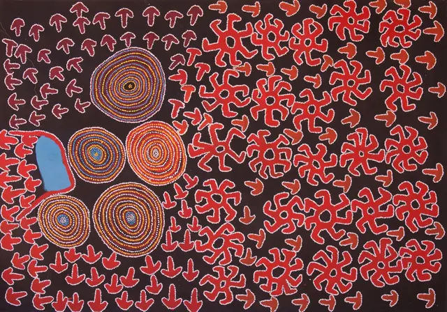 Australian Indigenous (Aboriginal and Torres Strait Islander) artwork by LENNARD WALKER of Spinifex Artists. The title is Kalaya Tjuta. [13294] (Acrylic on Linen)