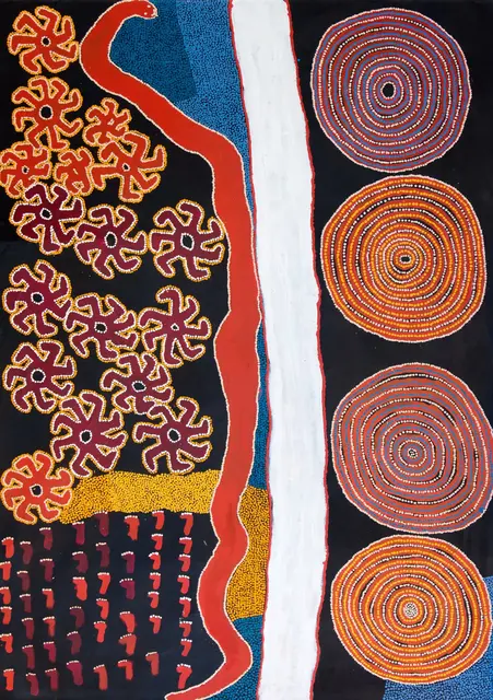 Australian Indigenous (Aboriginal and Torres Strait Islander) artwork by LENNARD WALKER of Spinifex Artists. The title is Kulapa. [13327] (Acrylic on Linen)