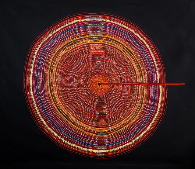 Australian Indigenous (Aboriginal and Torres Strait Islander) artwork by LENNARD WALKER of Spinifex Artists. The title is Kulyuru. [25-454] (Acrylic on Linen)
