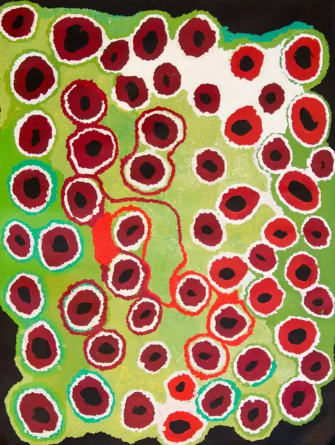 Australian Indigenous (Aboriginal and Torres Strait Islander) artwork by MYRTLE PENNINGTON of Spinifex Artists. The title is Kanpa. [13331] (Acrylic on Linen)