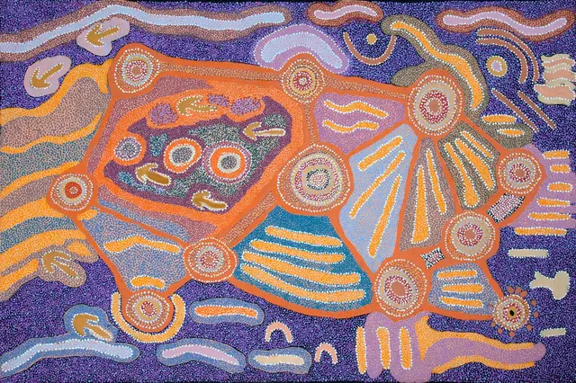 Australian Indigenous (Aboriginal and Torres Strait Islander) artwork by MIRIAM BAADJO of Warlayirti Artists (Balgo). The title is Kulilli, near Canning Stock Route. [111/11] (Acrylic on Linen)