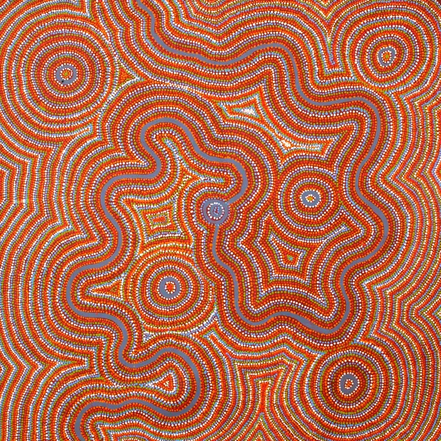 Australian Indigenous (Aboriginal and Torres Strait Islander) artwork by NYAYATI STANLEY YOUNG of Ninuku Arts. The title is Kalaya Tjukurpa (Emu Dreaming). [NKSY13056] (Acrylic on Linen)