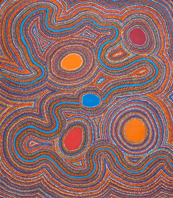 Australian Indigenous (Aboriginal and Torres Strait Islander) artwork by NYAYATI STANLEY YOUNG of Ninuku Arts. The title is Kalaya Tjukurpa (Emu Dreaming). [13164] (Acrylic on Linen)