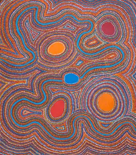 Australian Indigenous (Aboriginal and Torres Strait Islander) artwork by NYAYATI STANLEY YOUNG of Ninuku Arts. The title is Kalaya Tjukurpa (Emu Dreaming). [13164] (Acrylic on Linen)