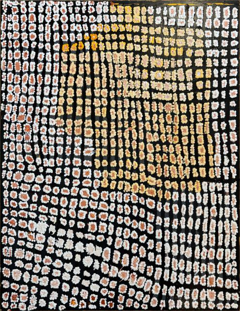 Australian Indigenous (Aboriginal and Torres Strait Islander) artwork by NANCY NYANYARNA JACKSON of Warakurna Artists. The title is Kirritji. [4-26] (Acrylic on Board)