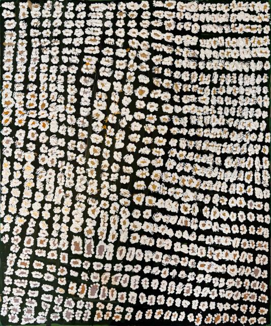 Australian Indigenous (Aboriginal and Torres Strait Islander) artwork by NANCY NYANYARNA JACKSON of Warakurna Artists. The title is Kirritji. [13-26] (Acrylic on Board)