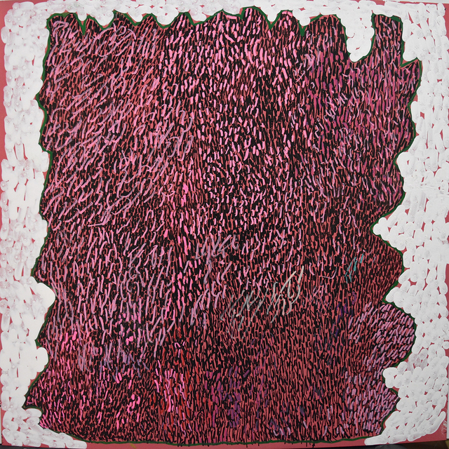 Australian Indigenous (Aboriginal and Torres Strait Islander) artwork by NGARRALJA TOMMY MAY of Mangkaja Artists. The title is Kulparti Soakwater. [447/18] (Acrylic Paint and Etching on Metal/Enamel Spray)