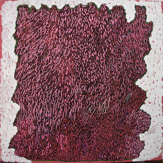 Australian Indigenous (Aboriginal and Torres Strait Islander) artwork by NGARRALJA TOMMY MAY of Mangkaja Artists. The title is Kulparti Soakwater. [447/18] (Acrylic Paint and Etching on Metal/Enamel Spray)