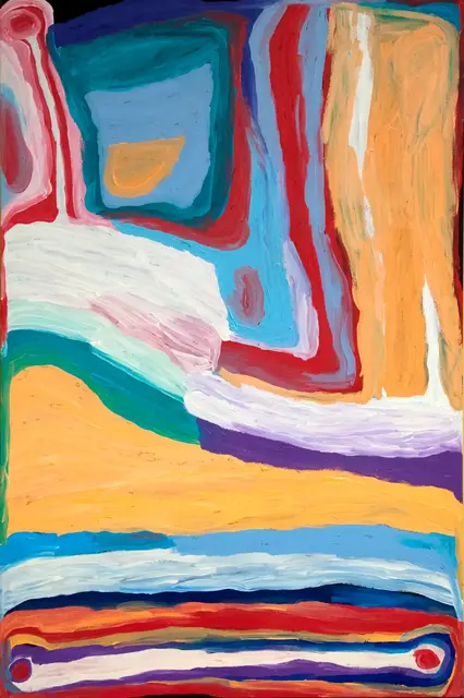 Australian Indigenous (Aboriginal and Torres Strait Islander) artwork by NORA WOMPI of Warlayirti Artists (Balgo). The title is Kunawarritji. [375/09] (Acrylic on Linen)