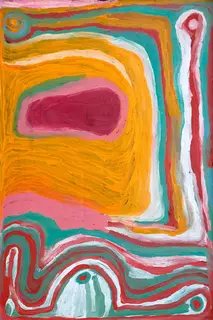 Australian Indigenous (Aboriginal and Torres Strait Islander) artwork by NORA WOMPI of Warlayirti Artists (Balgo). The title is Kunawarritji. [599/09] (Acrylic on Linen)