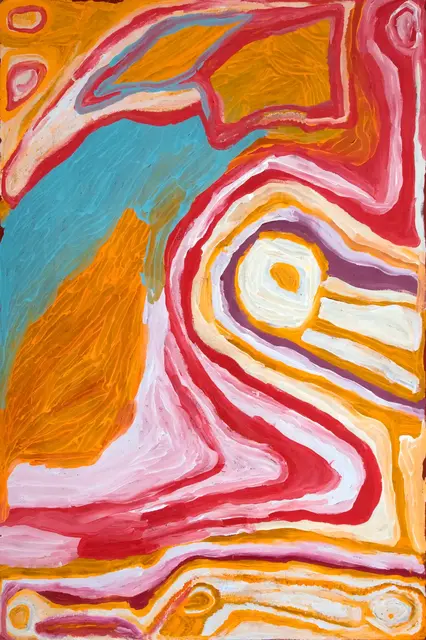 Australian Indigenous (Aboriginal and Torres Strait Islander) artwork by NORA WOMPI of Warlayirti Artists (Balgo). The title is Kunawarritji. [57/10] (Acrylic on Linen)