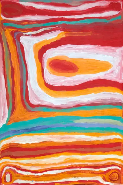 Australian Indigenous (Aboriginal and Torres Strait Islander) artwork by NORA WOMPI of Warlayirti Artists (Balgo). The title is Kunawarritji. [34/10] (Acrylic on Linen)