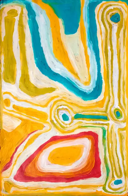 Australian Indigenous (Aboriginal and Torres Strait Islander) artwork by NORA WOMPI of Warlayirti Artists (Balgo). The title is Kunawarritji Community (Well 33). [367/09] (Acrylic on Linen)