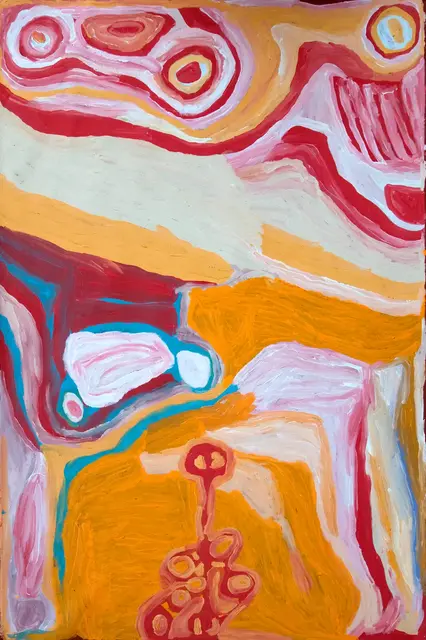 Australian Indigenous (Aboriginal and Torres Strait Islander) artwork by NORA WOMPI of Warlayirti Artists (Balgo). The title is Kunawarritji Community (Well 33). [184/10] (Acrylic on Linen)