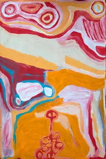 Australian Indigenous (Aboriginal and Torres Strait Islander) artwork by NORA WOMPI of Warlayirti Artists (Balgo). The title is Kunawarritji Community (Well 33). [184/10] (Acrylic on Linen)