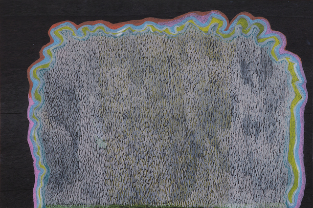 Australian Indigenous (Aboriginal and Torres Strait Islander) artwork by NGARRALJA TOMMY MAY of Mangkaja Artists. The title is Kurntukurntu Rain Cloud. [154/17] (Acrylic Paint on 3mm Poly-Carbonate)