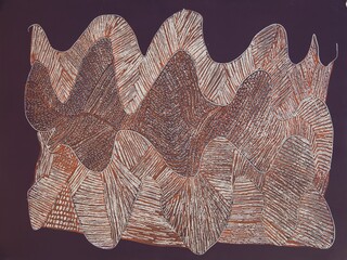 Australian Indigenous (Aboriginal and Torres Strait Islander) artwork by NGARRALJA TOMMY MAY of Mangkaja Artists. The title is Kurtal. [367/15] (Etching on Metal with Acrylic Spray Paint and Paint Pen)