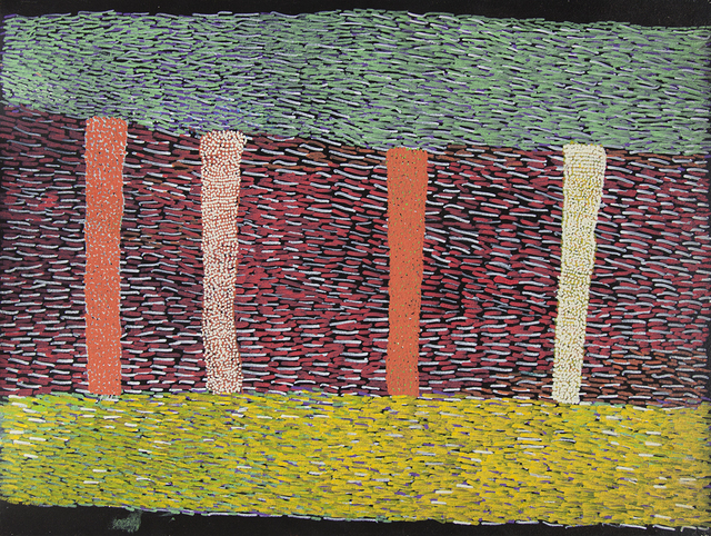 Australian Indigenous (Aboriginal and Torres Strait Islander) artwork by NGARRALJA TOMMY MAY of Mangkaja Artists. The title is Kurtal. [368/15] (Atelier Acrylic Paint on Masonite)