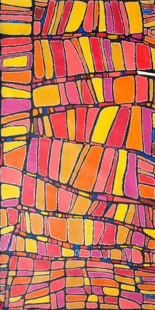 Australian Indigenous (Aboriginal and Torres Strait Islander) artwork by PAULINE SUNFLY of Warlayirti Artists (Balgo). The title is Kulkun. [1353/08] (Acrylic on Linen)