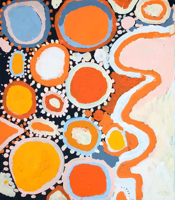 Australian Indigenous (Aboriginal and Torres Strait Islander) artwork by SANDY BRUMBY of Ninuku Arts. The title is Kulitja. [NKSB11482] (Acrylic on Belgian Linen)