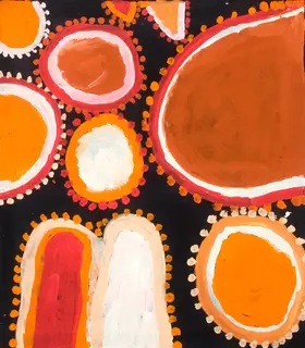 Australian Indigenous (Aboriginal and Torres Strait Islander) artwork by SANDY BRUMBY of Ninuku Arts. The title is Kulitja. [NKSB12421] (Acrylic on Linen)