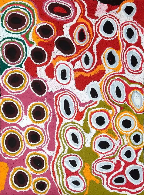 Australian Indigenous (Aboriginal and Torres Strait Islander) artwork by TJARUWA (ANGELINA) WOODS of Spinifex Artists. The title is Kamanti. [12042] (Acrylic on Linen)