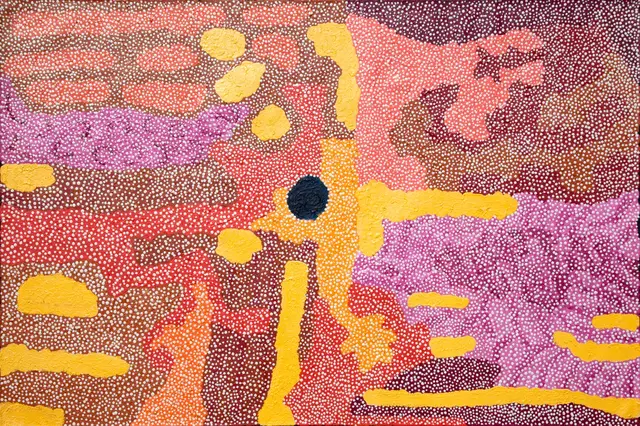 Australian Indigenous (Aboriginal and Torres Strait Islander) artwork by TOSSIE BAADJO of Warlayirti Artists (Balgo). The title is Karntawarra. [610/09] (Acrylic on Linen)