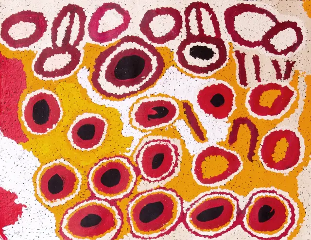 Australian Indigenous (Aboriginal and Torres Strait Islander) artwork by TJARUWA (ANGELINA) WOODS of Spinifex Artists. The title is Kupanya. [13213] (Acrylic on Linen)