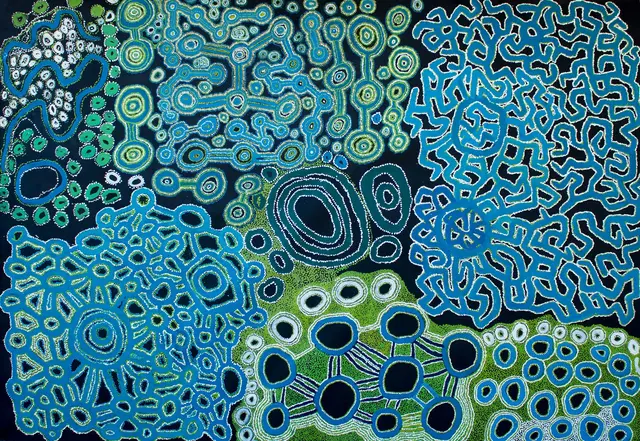Australian Indigenous (Aboriginal and Torres Strait Islander) artwork by VARIOUS SPINIFEX ARTISTS (COLLABORATIVE) of Spinifex Artists. The title is Kaanka. [15-79] (Acrylic on Linen)