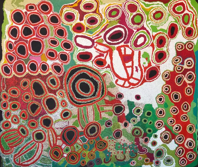 Australian Indigenous (Aboriginal and Torres Strait Islander) artwork by VARIOUS SPINIFEX ARTISTS (COLLABORATIVE) of Spinifex Artists. The title is Kungkarangkalpa. [13334] (Acrylic on Linen)