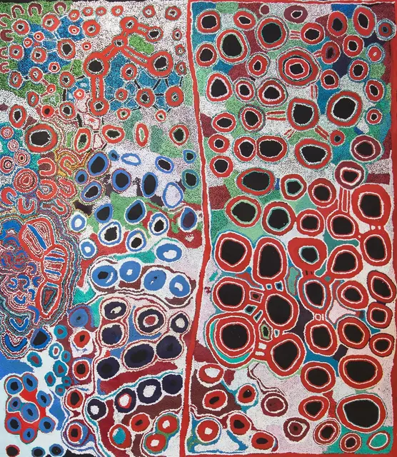 Australian Indigenous (Aboriginal and Torres Strait Islander) artwork by VARIOUS SPINIFEX ARTISTS (COLLABORATIVE) of Spinifex Artists. The title is Kungkarangkalpa. [15-009] (Acrylic on Linen)
