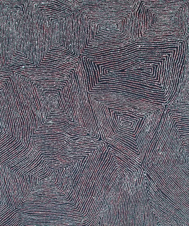 Australian Indigenous (Aboriginal and Torres Strait Islander) artwork by GEORGE WARD TJUNGURRAYI of Papunya Tula Artists. The title is Kaakuratintja. [GW0408020] (Acrylic on Belgian Linen)