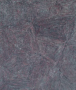 Australian Indigenous (Aboriginal and Torres Strait Islander) artwork by GEORGE WARD TJUNGURRAYI of Papunya Tula Artists. The title is Kaakuratintja. [GW0408020] (Acrylic on Belgian Linen)