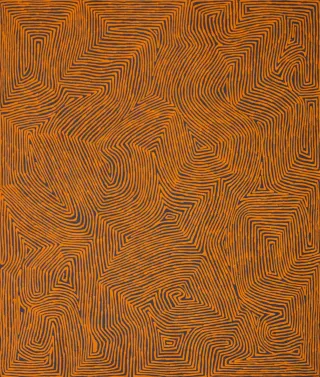 Australian Indigenous (Aboriginal and Torres Strait Islander) artwork by GEORGE TJUNGURRAYI of Papunya Tula Artists. The title is Kaakuratintja. [GT1202060] (Acrylic on Belgian Linen)