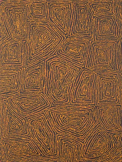 Australian Indigenous (Aboriginal and Torres Strait Islander) artwork by GEORGE WARD TJUNGURRAYI of Papunya Tula Artists. The title is Kaakuratintja. [GW0603148] (Acrylic on Belgian Linen)