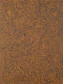 Australian Indigenous (Aboriginal and Torres Strait Islander) artwork by GEORGE WARD TJUNGURRAYI of Papunya Tula Artists. The title is Kaakuratintja. [GW0603148] (Acrylic on Belgian Linen)
