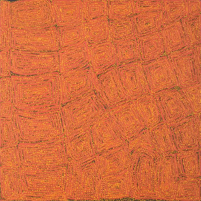 Australian Indigenous (Aboriginal and Torres Strait Islander) artwork by GEORGE WARD TJUNGURRAYI of Papunya Tula Artists. The title is Kaakuratintja. [GW0604249] (Acrylic on Belgian Linen)