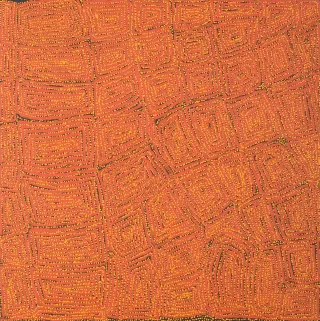 Australian Indigenous (Aboriginal and Torres Strait Islander) artwork by GEORGE WARD TJUNGURRAYI of Papunya Tula Artists. The title is Kaakuratintja. [GW0604249] (Acrylic on Belgian Linen)