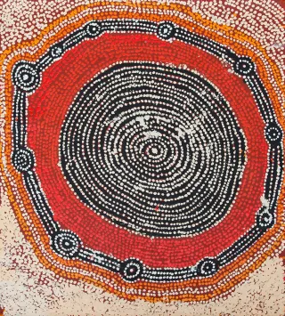 Australian Indigenous (Aboriginal and Torres Strait Islander) artwork by WILLY TJUNGURRAYI of Papunya Tula Artists. The title is Kaakuratintja (Lake MacDonald). [WT1607014] (Acrylic on Belgian Linen)